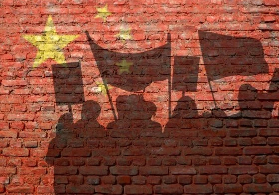 A shadow of a protesting crowd with banners against a brick wall with the EU logo on it in yellow