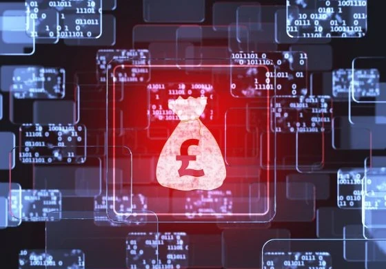 Bag of money with a GBP sign on it in front of a backdrop made up of binary code