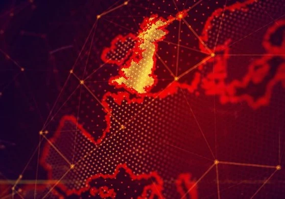 Map of the world in red showing UK lit up in yellow