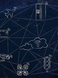 Icons showing various aspects of IoT such as home, the cloud, phones, cars, fridges, washing machines, and planes, and how they're all connected