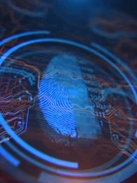 A fingerprint against a circuitry background in blue and red.