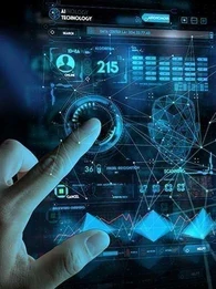 A finger pressing on a digital landscape on plexiglass.