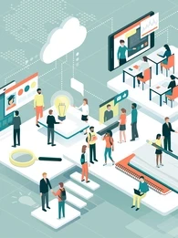 An animated depiction of interconnected data and systems in a workplace.
