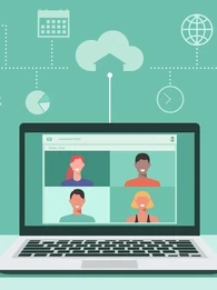 An animated depiction of an online meeting on a laptop.