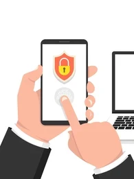 Animated hand giving a fingerprint on a smartphone with a laptop in front of them with a profile image, username and password image.