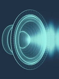 Depiction of a speaker with audio waves in light blue against a navy background.