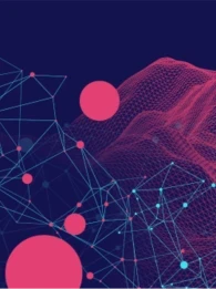 An abstract navy blue and pink background.