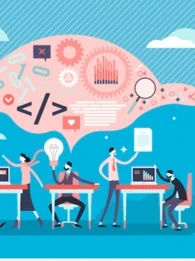 Animated figures sitting at desks with a speech bubble floating above them.