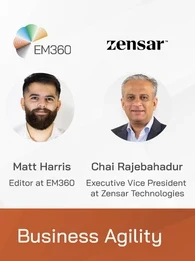 Profile pictures of Matt Harris, Editor at EM360 and Chai Rajebahadur, Executive Vice President at Zensar Technologies