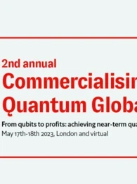 Economist Impact logo in red alongside the text "2nd annual Commercialising Quantum Global" and "From qubits to profits: achieving near-term quantum advantage"