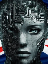 Robotic female in gray in front of a UK flag.