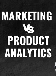 Graphic showing Marketing vs product analytics with a lady on the left shouting and a hand on the right holding up a blank box.