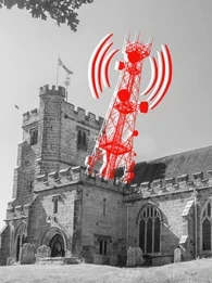 Depiction of a cellphone tower growing out of a church.