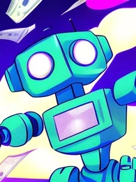 A colourful animated depiction of a robot holding money.
