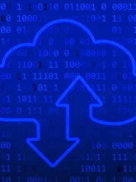 Depiction of cloud migration against a coding background.