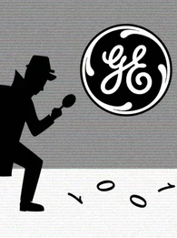 Animated spy following binary code with the General Electric logo in the background.