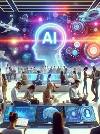 A silhouette of a human with the words "AI" projected on it with people in the foreground working on laptops.