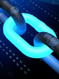 Image depicting blockchain technology with a glowing blue chain link and coding in the background.