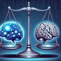 scales of justice with open source brain balanced with proprietary brain