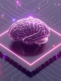 An animated brain on top a microchip with network running from it.