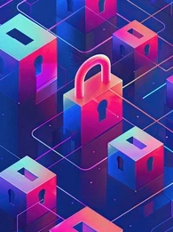 Pink and blue blocks in the form of locks on a grid.