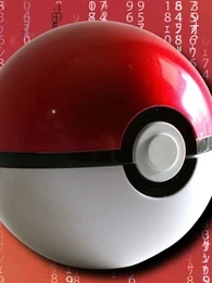Pokemon ball against Japanese characters on a red background.