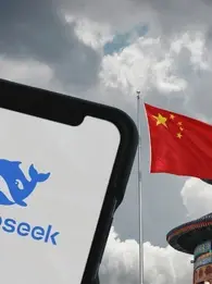 what is deepseek. image depicts deepseek app on mobile with background depicting US and Chinese national symbols: The Capitol in Washington DC and Temple of Heaven in Beijing with national flags. 