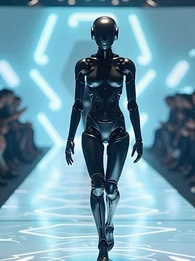 Robot "model" walking a runway while people look on.