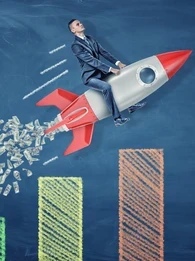 Man riding on a rocket on top of a graph.