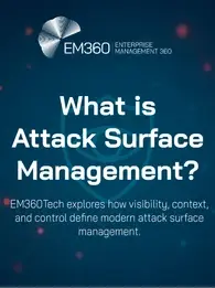 Header image for the article "What is Attack Surface Management?" featuring a digital shield icon and connected network nodes on a dark blue background. The EM360Tech logo appears in the top left corner, with the subtitle "EM360Tech explores how visibility, context, and control define modern attack surface management.