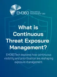 Header image for EM360Tech article titled 'What is Continuous Threat Exposure Management?' featuring a blue gradient background with a digital circuit design, a faint outline of a shield icon, and bold white text. The subtitle reads: 'EM360Tech explores how continuous visibility and prioritisation are reshaping exposure management.