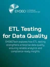EM360Tech banner titled ‘ETL Testing for Data Quality’ with subtitle explaining how ETL testing strengthens enterprise data quality, ensuring reliable analytics and compliance-ready insights.
