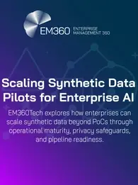 A digital banner from EM360Tech titled “Scaling Synthetic Data Pilots for Enterprise AI.” The background features a gradient from deep purple to navy blue with abstract data network graphics in pale lines. The subtitle reads: “EM360Tech explores how enterprises can scale synthetic data beyond PoCs through operational maturity, privacy safeguards, and pipeline readiness.” The EM360 logo appears in the top left corner.