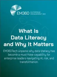 EM360Tech header image with the title 'What Is Data Literacy and Why It Matters' in bold white text on a teal gradient background. Subtitle reads: 'EM360Tech unpacks why data literacy has become a must-have capability for enterprise leaders navigating AI, risk, and transformation.' Subtle line art in the background.