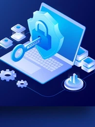 Image depicting data protection via a laptop with a lock and key.