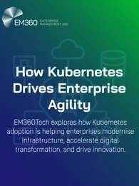 EM360Tech header graphic with gradient blue-to-green background. White text reads ‘How Kubernetes Drives Enterprise Agility’. Subtext explains that EM360Tech explores how Kubernetes adoption helps enterprises modernise infrastructure, accelerate digital transformation, and drive innovation. Faint Kubernetes line icons appear in the background.