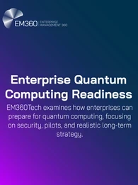 Infographic with EM360Tech branding. Title reads “Enterprise Quantum Computing Readiness.” Subtext explains EM360Tech examines how enterprises can prepare for quantum computing with a focus on security, pilots, and realistic long-term strategy. Background is a gradient of dark blue to purple.