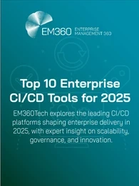 EM360Tech banner titled "Top 10 Enterprise CI/CD Tools for 2025" with text stating EM360Tech explores leading CI/CD platforms shaping enterprise delivery in 2025, highlighting scalability, governance, and innovation.