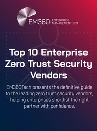 EM360Tech title graphic reading 'Top 10 Enterprise Zero Trust Security Vendors' with tagline about helping enterprises shortlist the right partner, set on a gradient blue-to-red background with faint shield and user outline.