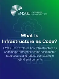 EM360Tech banner graphic titled “What Is Infrastructure as Code?”, featuring cloud and gear icons on a gradient background with a subtitle about scaling securely in hybrid environments.