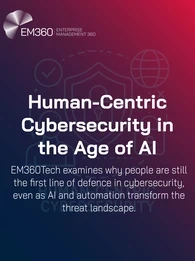 Banner graphic by EM360Tech with the title “Human-Centric Cybersecurity in the Age of AI.” Subtext reads: “EM360Tech examines why people are still the first line of defence in cybersecurity, even as AI and automation transform the threat landscape.” Background features line art of a person, shield, padlock, and globe, with a blue-to-red gradient overlay.