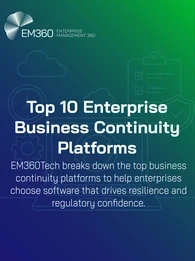 EM360Tech promotional graphic titled 'Top 10 Enterprise Business Continuity Platforms.' The design has a blue-to-green gradient background with line icons of a checklist, shield, and gear. The text states that EM360Tech breaks down the top business continuity platforms to help enterprises choose software that drives resilience and regulatory confidence.