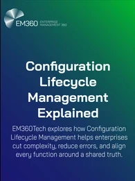 EM360Tech header graphic with blue-to-green gradient background and white text that reads: Configuration Lifecycle Management Explained. Subtext: EM360Tech explores how Configuration Lifecycle Management helps enterprises cut complexity, reduce errors, and align every function around a shared truth.