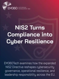 A digital banner for EM360Tech titled “NIS2 Turns Compliance into Cyber Resilience.” The background fades from navy blue to magenta with a faint padlock and shield graphic symbolising cybersecurity. The EM360Tech logo appears in the top left, and text below the title explains that the article explores how the expanded NIS2 Directive reshapes cybersecurity governance, operational resilience, and leadership responsibility across the EU.