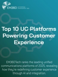 Infographic titled “Top 10 UC Platforms Powering Customer Experience.” The EM360Tech logo appears at the top left, with the subtitle reading, “EM360Tech ranks the leading unified communications platforms of 2025, revealing how they’re redefining customer experience through AI and integration.” The background features a teal gradient with a subtle gear-and-arrow design representing connectivity and progress.