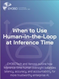 Header image for an EM360Tech and Xenoss article titled “When to Use Human-in-the-Loop at Inference Time.” The background features a gradient of purple and blue with a subtle abstract icon of a person inside circular arrows, representing human oversight in AI systems. The text explains that EM360Tech and Xenoss explore how inference-time human oversight balances latency, accuracy, and accountability for trustworthy enterprise AI.