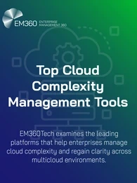 A gradient blue-to-green graphic featuring the EM360 logo in the top left and a faint line-art cloud with a cog in the background. The headline “Top Cloud Complexity Management Tools” appears prominently in white, with a subheading explaining that EM360Tech examines leading platforms that help enterprises manage cloud complexity across multicloud environments.