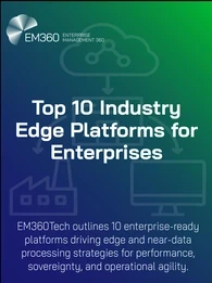“EM360Tech visual banner with title ‘Top 10 Industry Edge Platforms for Enterprises’. Subheading reads: ‘EM360Tech outlines 10 enterprise-ready platforms driving edge and near-data processing strategies for performance, sovereignty, and operational agility’. Background includes a faint network diagram showing a cloud, data centre, and connected devices.”