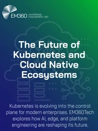 Header image for EM360Tech’s article titled “The Future of Kubernetes and Cloud Native Ecosystems.” The EM360Tech logo appears at the top left on a blue and green gradient background with faint cloud and Kubernetes icons. The text reads: “Kubernetes is evolving into the control plane for modern enterprises. EM360Tech explores how AI, edge, and platform engineering are reshaping its future.”