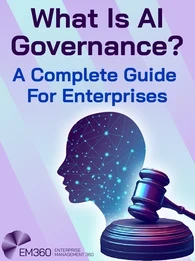 Illustration showing AI governance concepts: data management, regulatory compliance, accountability, and lifecycle oversight, with icons representing monitoring, risk, and transparency.